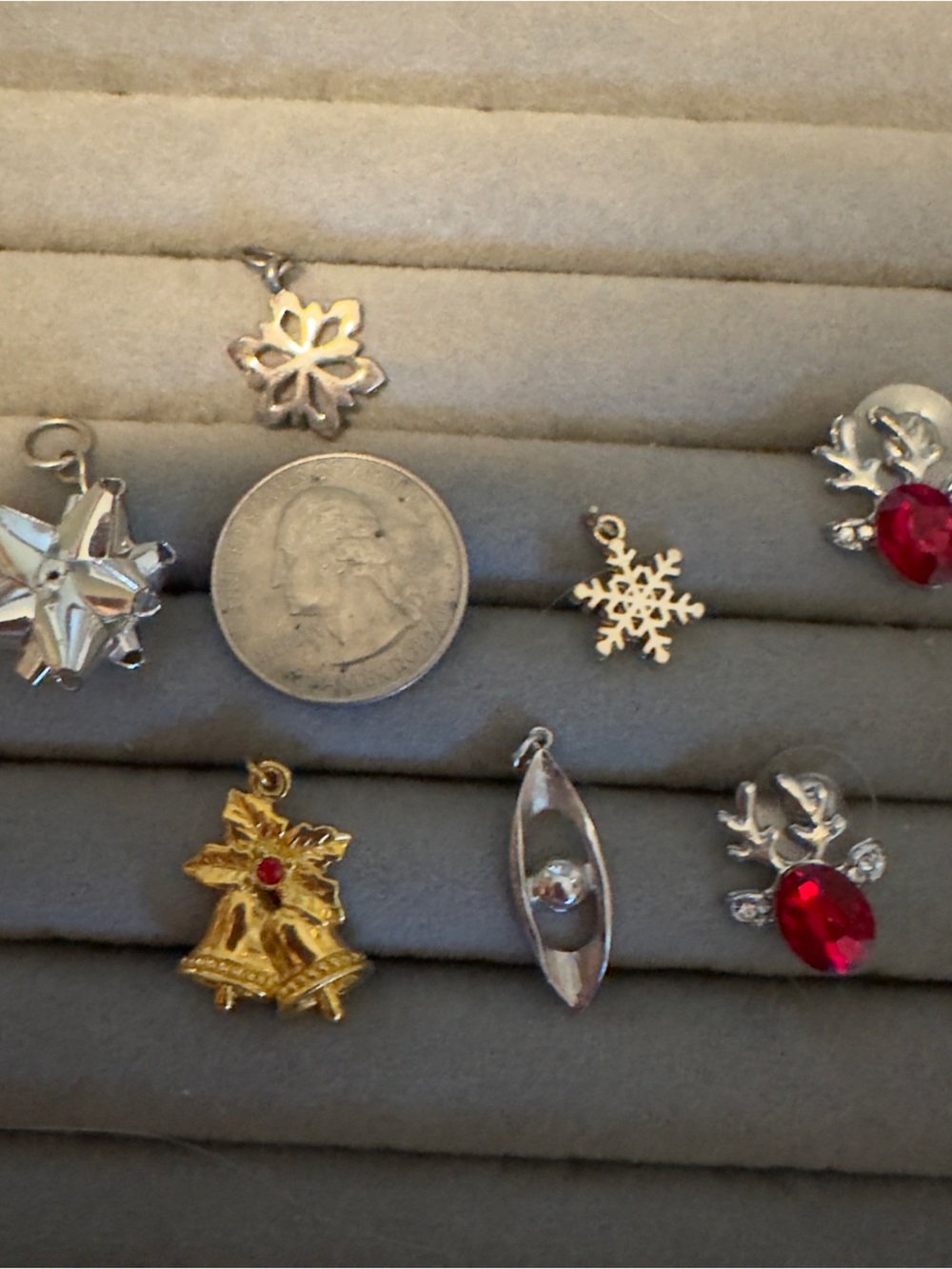 Silver and Gold Holiday Charm Set - pendants Snowflake, Bell & Reindeer Charms v
